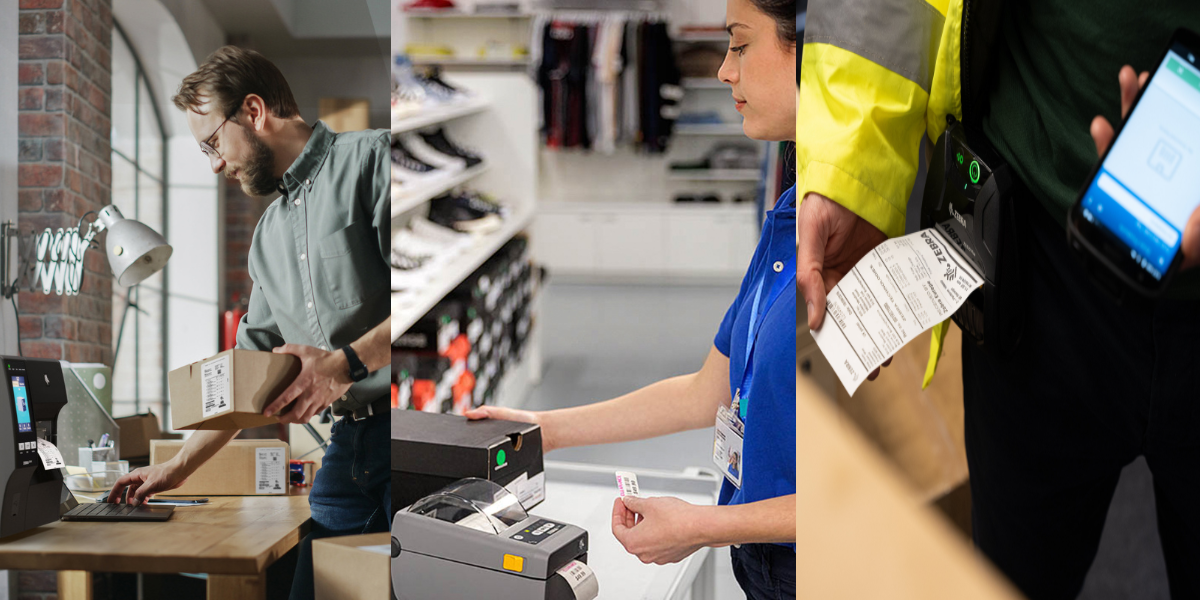 Απεικονίζονται 3 διαφορετικοί άνθρωποι που χρησιμοποιούν Zebra εκτυπωτές και αυτοκόλλητες ετικέτες